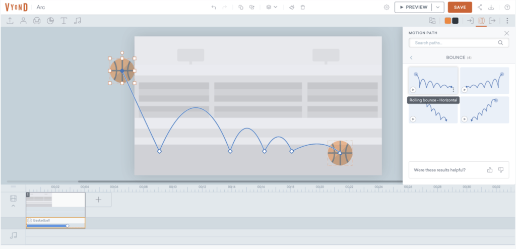 Screenshot of Vyond Studio with a ball in the center and the motion path preset applied