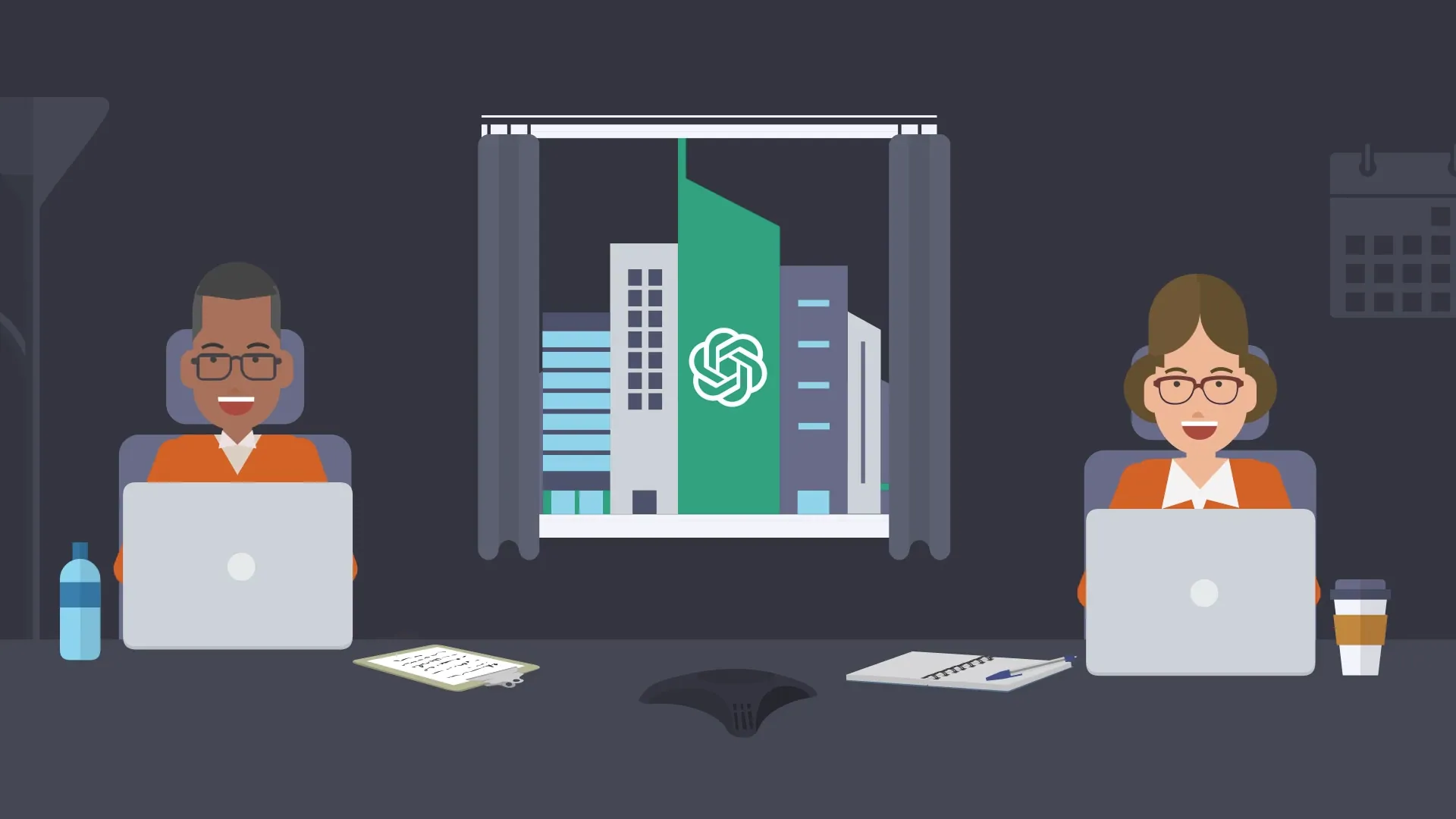 What is ChatGPT for business. The image showcases two workers on their laptop computers. In the background there is an OpenAI logo on a building.